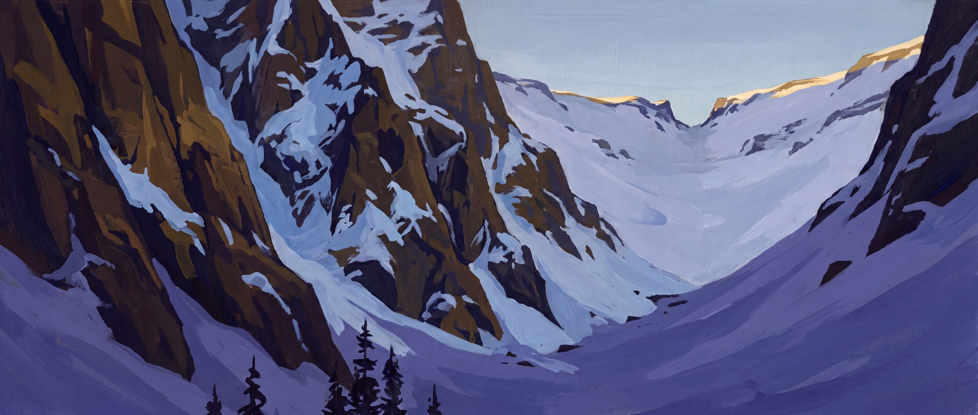 Illustrazione dipinta: un versante roccioso in ombra viola che si alza sopra un vallone innevato