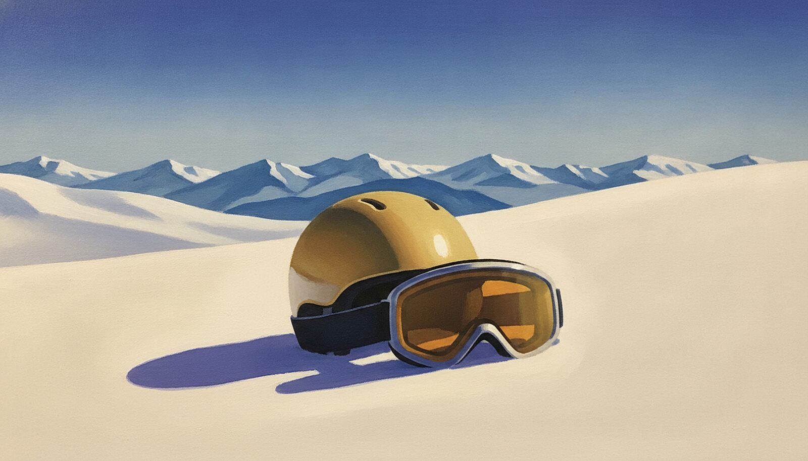 Illustrazione dipinta: un casco da sci e una maschera appoggiati insieme sulla neve, con il bordo della maschera che tocca la visiera del casco