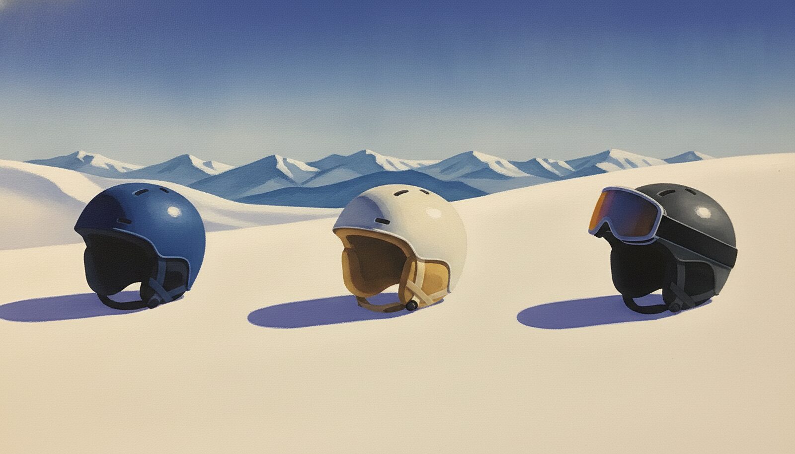 Illustrazione dipinta: tre caschi da sci di tipi diversi allineati sulla neve, uno a calotta integrale, uno a calotta bassa con paraorecchie morbidi e uno con la maschera sulla fronte